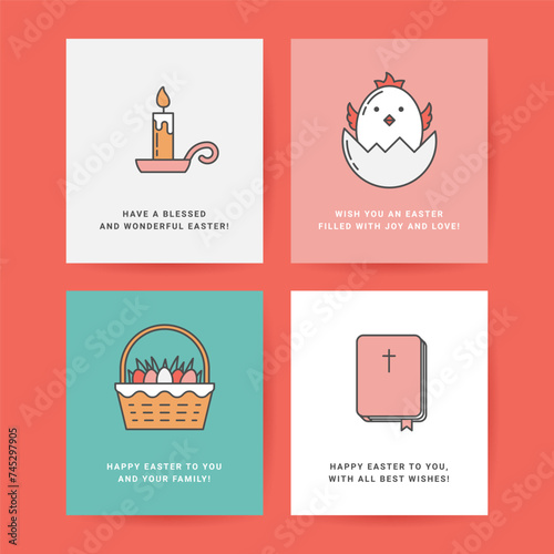 Easter Set of Postcards, Gift Tags, Design Templates Drawn in a Linear style. Wax Candle on a Stand, Baby Chicken in Eggshell, Basket with Colored Eggs and Grass, Christianity Book Bible with Cross