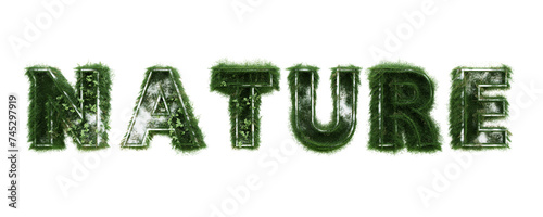 green grass text Nature on transparent background. 3d render modern letter isolated for logo, decorative, creativity etc.