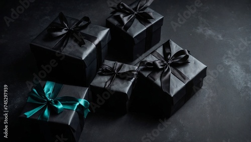 Black present boxes with golden ribbons. Minimal abstract Christmas, New Year or birthday celebration concept. Gift idea. Copy space.