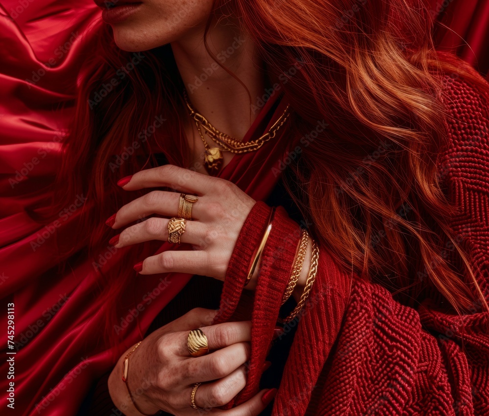 Mysterious Elegance: Close-Up of Red-Haired Woman with Gold Jewelry, Luxury Fashion Detail