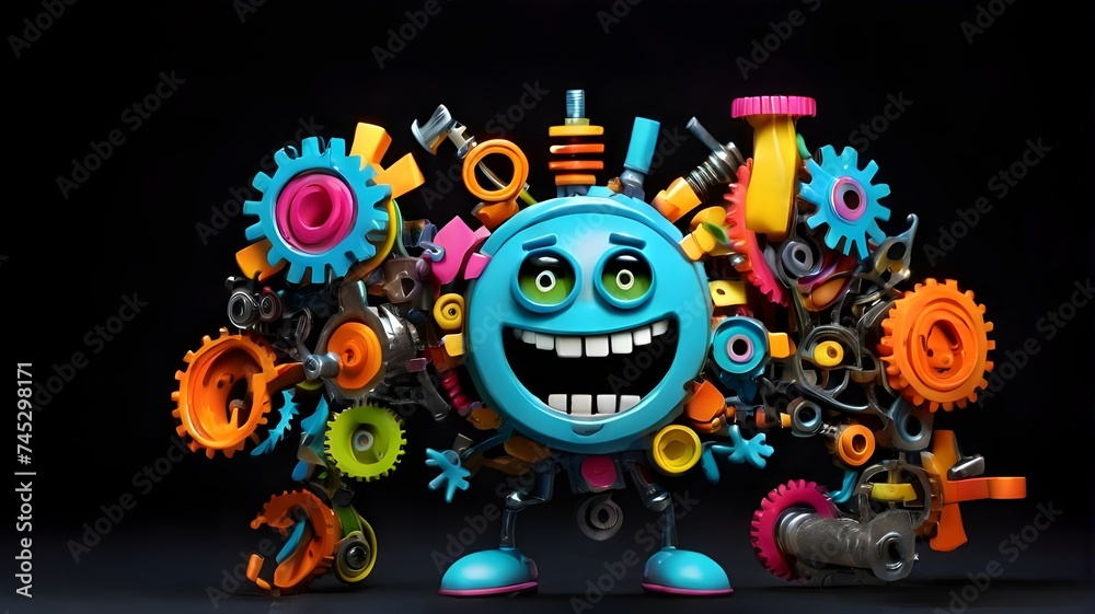 Closeup of cog wheel comedy cartoon character isolated on dark background. Gear cartoon character. Multi color rainbow cartoon machine gear. Engine concept. Closeup of cog wheel comedy cartoon character isolated on dark background. Gear cartoon character. Multi color rainbow cartoon machine gear. Engine concept.