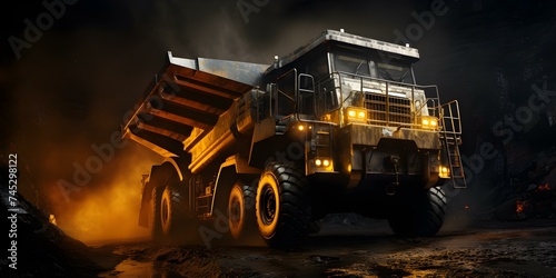 Large yellow dump truck mining coal in an open pit operation. Concept Mining Industry, Heavy Equipment, Coal Extraction, Dump Trucks, Open Pit Operations