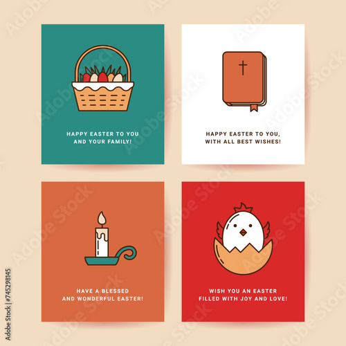 Easter Set of Postcards, Gift Tags, Design Templates Drawn in a Linear style. Basket with Colored Eggs and Grass, Christianity Book Bible with Cross, Wax Candle on a Stand, Baby Chicken in Eggshell