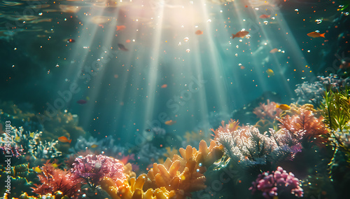 underwater ocean coral reef swimming in the sunlight 