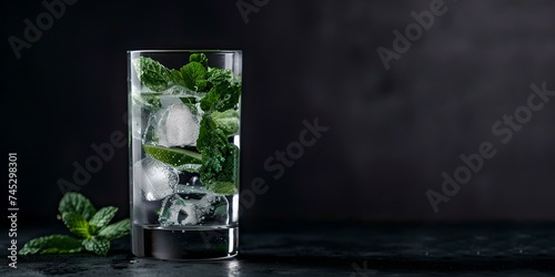 Refreshing mojito cocktail in a highball glass with ice and mint leaves. cool drink, summer beverage concept on a dark background. AI