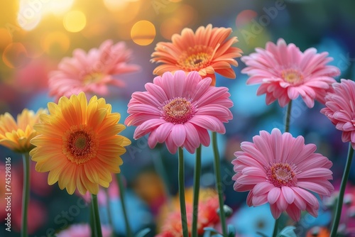 Stunning array of orange and pink Gerbera daisies with a dreamy background hinting at spring and renewal