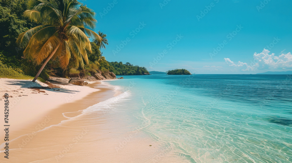 beachscape with crystal-clear waters edging onto soft sands, framed by lush palms and a backdrop of majestic mountains - obrazy, fototapety, plakaty 