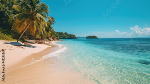 beachscape with crystal-clear waters edging onto soft sands  framed by lush palms and a backdrop of majestic mountains
