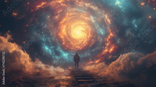 Stairway to the Cosmos: Person Before a Galactic Vortex