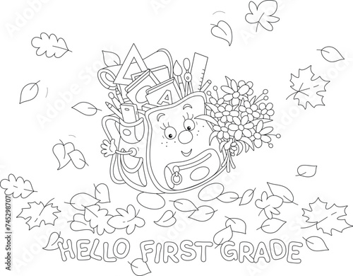 Cartoony character Schoolbag with a holiday bouquet of flowers among autumn leaves friendly smiling and waving in greeting before start of classes in grade school, black and white vector illustration
