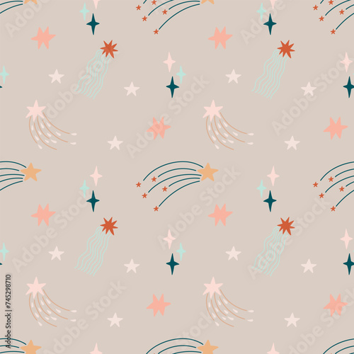 Cute bohemian baby seamless pattern with clouds, stars, sun. Vector pattern in boho style in warm pastel colors. Set of illustrations for the children's room, postcards, baby parties
