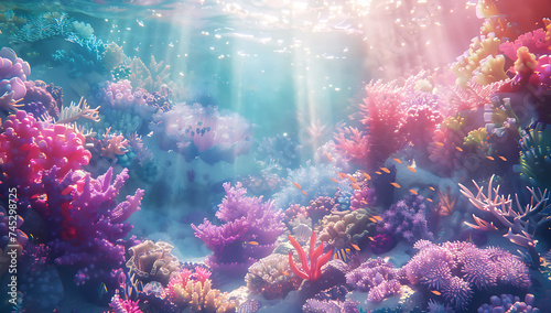 underwater ocean coral reef swimming in the sunlight 