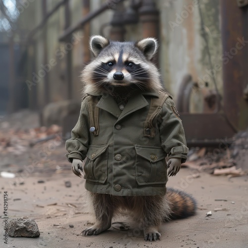 a rotund raccoon shuffling around the zoo in uniform