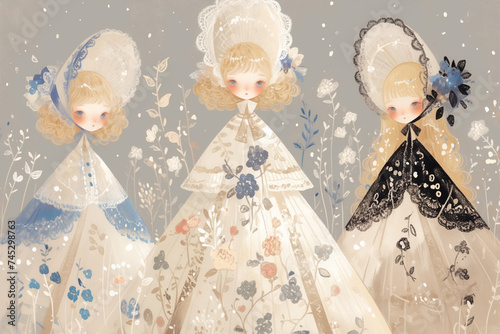 Minimalist Illustration, Girls in Victorian Style Clothing photo