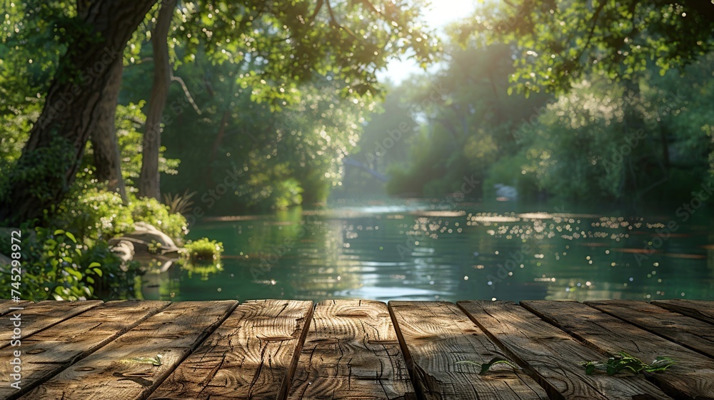 Wooden table in blurry green forest and lake or swamp A refreshing and relaxing concept. Wooden table in blurry green forest and lake or swamp A refreshing and relaxing concept.