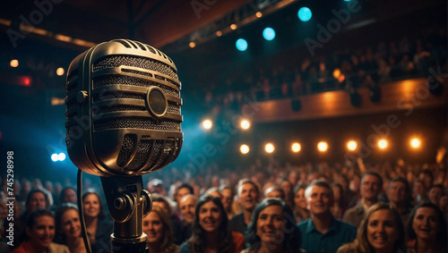 Retro microphone in front of an audience. Musical performance concept. Festival and party idea. Copy space.