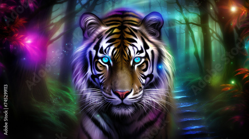 Majestic tiger prowling through an ethereal forest  fur aglow with holographic hues  watercolor mystique
