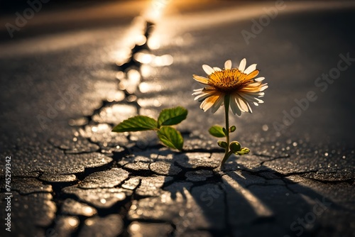 A small flower growing on a cracked asphalt road glistens in the light © MSohail