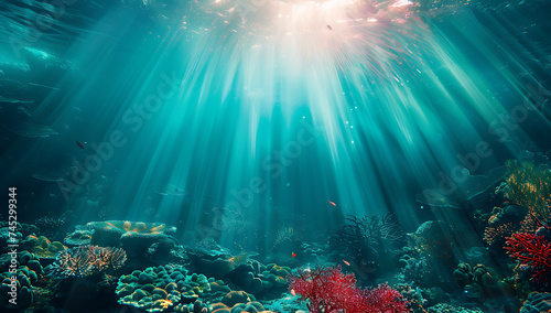 underwater view with sun beams shining underwater in 