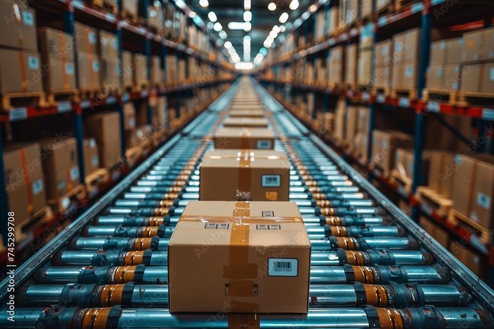 An automated distribution warehouse filled with parcels on conveyor belts, signifying prompt shipping An automated distribution warehouse filled with parcels on conveyor belts, signifying prompt shipping