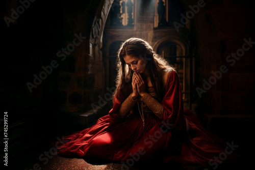 Pensive Woman Praying in Medieval Chapel