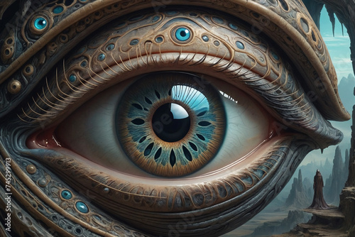 An optical illusion of a human eye, portrayed in the style of an ancient alien race