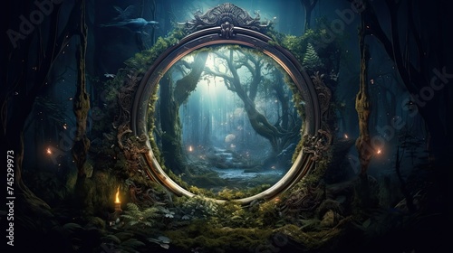 Magical Portal to another World: Dark Mysterious Forest with Enchanted Mirror. Night Fantasy Forest