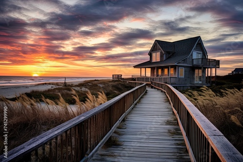 New England Beach House Sunrise on Boardwalk with Sand, Dunes, and Grass
