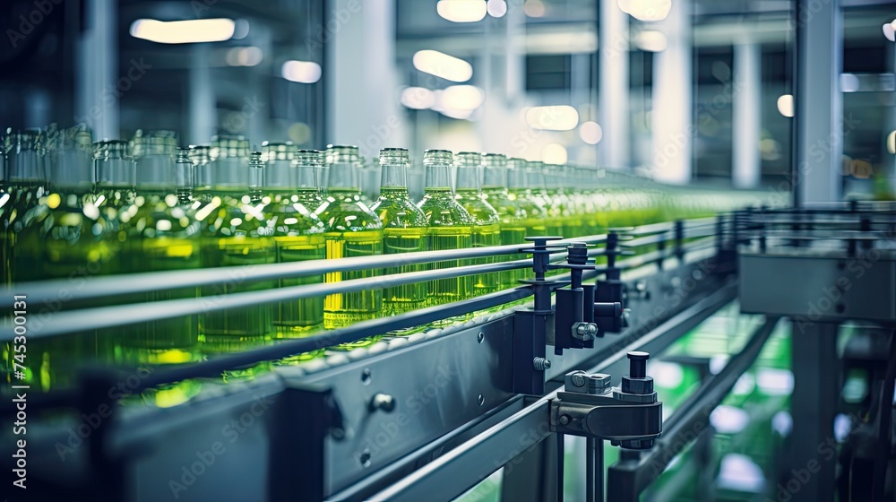 Manufacturing Production Line: Conveyor Belt for Bottling Beverage Containers in an Automated