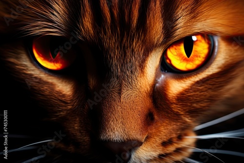 Orange Domestic Cat: Mystic Animal with Glowing Eyes in Black Darkness