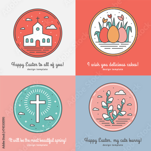 Set of Easter Elements Collection of Template of Postcard, Tag, Web Design with Copyspace. Cute Easter Symbol American Church, Grass with Colored Egg and Spring Tulip, Christian Cross, Pussy Willow