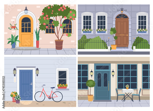 Home walls. Street houses. Residential building facades with doors and windows. Cafe exterior front view. Plants or bicycle near entrance outside. Vector city architecture scenes set