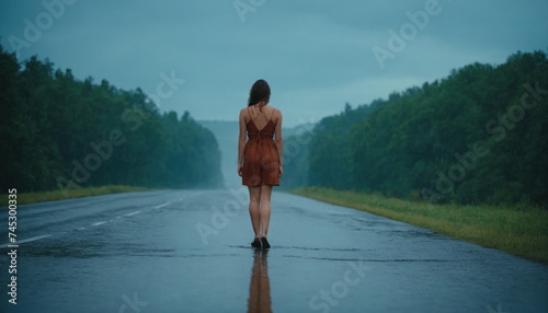 A woman in a dress walks along a dirty wet asphalt road. Autumn, bad weather. Back view