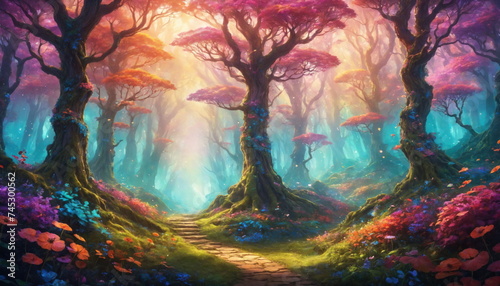 Painting of a path through a forest with flowers and trees on either side of it, with a bright light coming from the trees, matte fantasy painting art