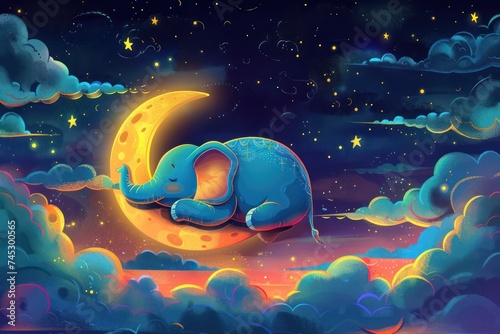 An elephant snoozing on the moon in a colorful cartoon design