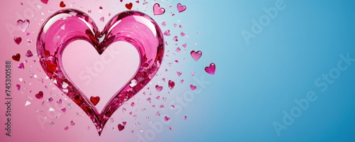 Pink glass transparent heart valentines day abstract blue background and design backdrop pragma