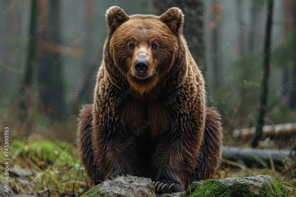 An impressive brown bear is captured in a natural forest setting, showcasing its thick fur and powerful stance An impressive brown bear is captured in a natural forest setting, showcasing its thick fur and powerful stance