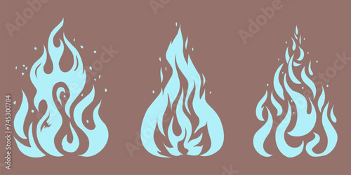 Blue burning fire. Bonfire flames. Flaming swirls and sparks. Blaze explosion. Silhouette ignite symbols. Magic ignition. Combustion icons. Gas fuel energy pictograms. Vector fiery set
