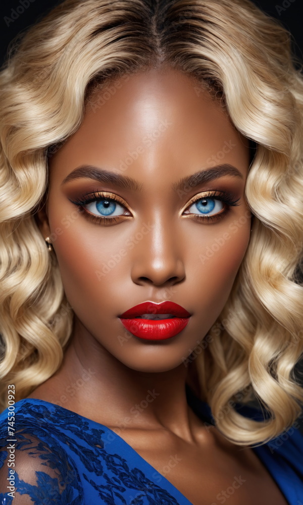 Fototapeta premium A striking black woman with curly blonde hair, dazzling makeup, complemented by bright red lipstick.