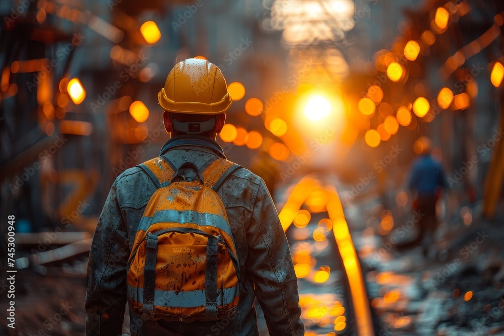 An impactful scene of a construction worker in reflective gear walking away on a railway track An impactful scene of a construction worker in reflective gear walking away on a railway track