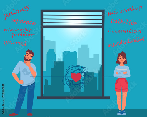 Landscape in window. Couple relationship crisis. Male jealousy. Female lies and accusations. People quarrel. Family misunderstanding. City buildings. Morning cityscape. Vector concept