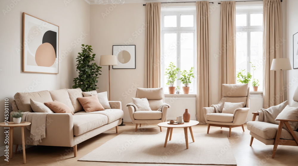 Fototapeta premium the calm aesthetic of a Scandinavian-inspired living room, featuring a cozy beige sofa, a recliner chair, and minimalist decor bathed in natural light