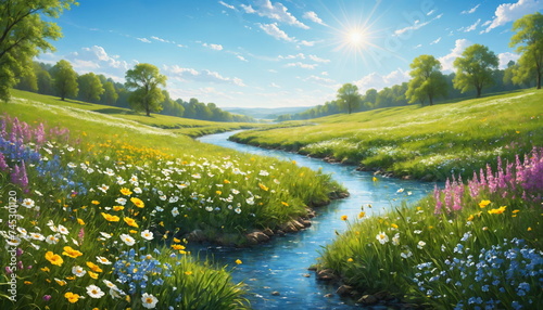 A breathtaking view of a colorful meadow of wildflowers, with a mixture of daisies and poppies, a river under the radiant sun in a clear blue sky.