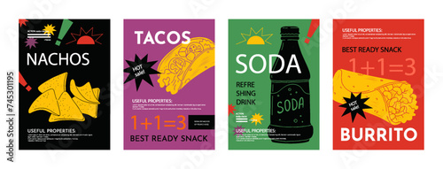Mexican food posters. Street meal. Taco and nacho. Cafe invitation. Burrito snack and coda drink. Typography collage with sketch texture. Sale promotion. Vector graphic banners design set