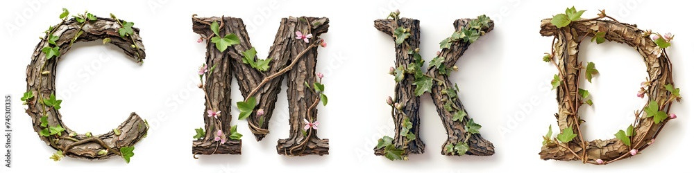 Fototapeta premium C, M, K and D letters made of twigs and blossoms on a white background