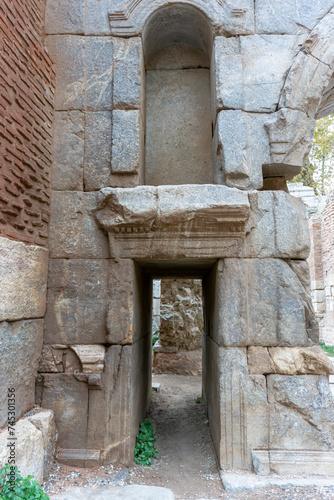 ancient Iznik Castle. Lefke Gate. Historical stone walls and doors of Iznik, Bursa.