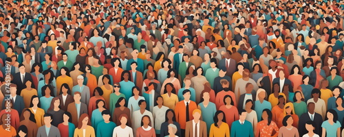 A sea of colorful, faceless figures representing a large crowd gathered together at an outdoor setting, possibly symbolizing diversity or unity in a group
