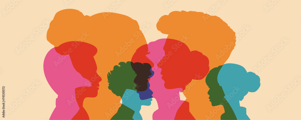 Psychology and psychiatry concept. Silhouette heads faces in profile of multiethnic and multicultural people. Psychological therapy. Diversity people.Team community. Aesthetics of the risograph.