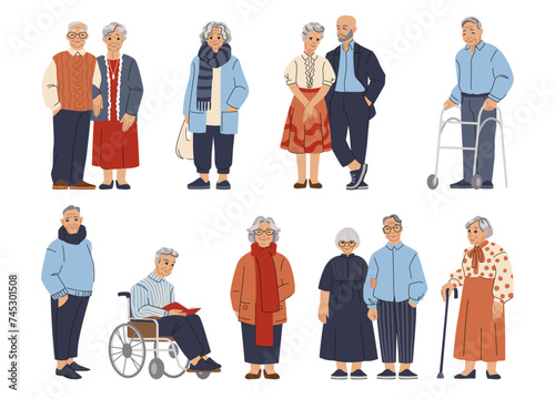 Elder people. Old man and woman standing, person couples, senior older lady, grandmother and grandfather group, happy adult faces. Characters on wheelchair. Vector cartoon flat isolated set