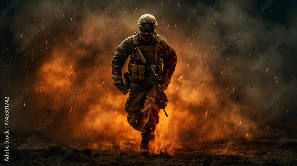 a soldier is running through the fire with his gun